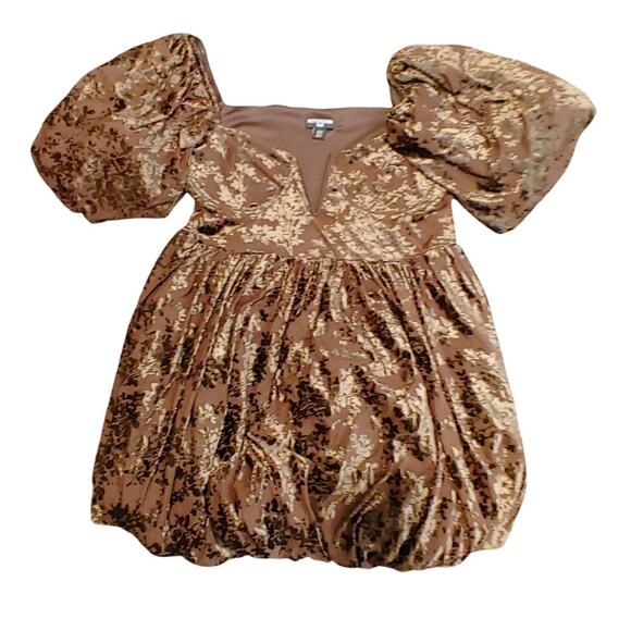 PRETTYLITTLETHING Plus Babydoll Mini Dress Puff Sleeve Gold Floral Women US 12 - Picture 1 of 8